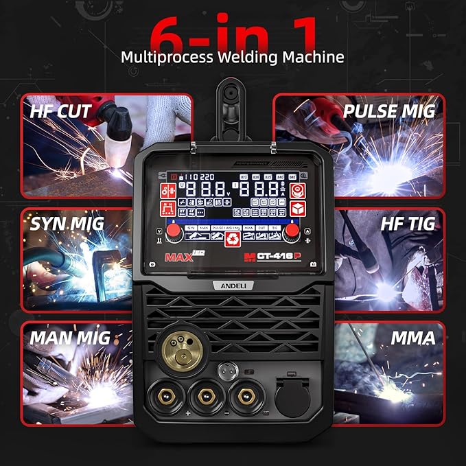 ANDELI Plasma Cutter Welder Combo，Pulse MIG/HF TIG/HF Cut/Stick/Flux Core 6-in 1 Multifunctional Welder，110V/220V Dual Voltage Aluminium MIG Welding Machine,160A MIG/TIG/Stick & 40A Cut