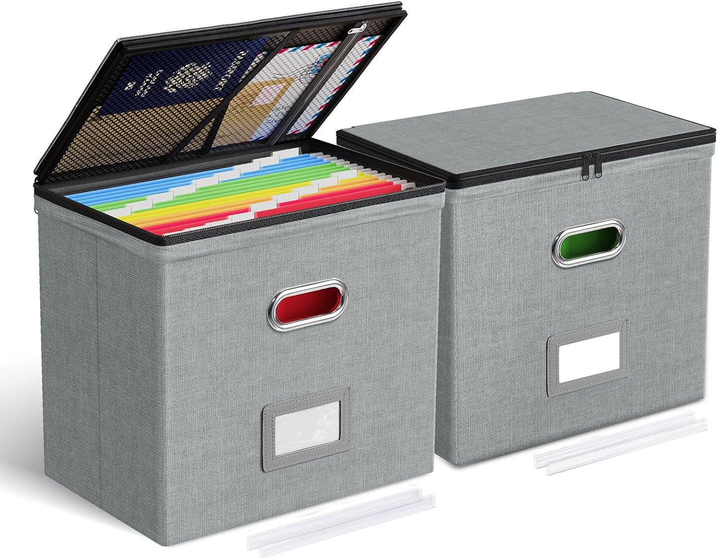Oterri 2 Pack File Organizer Boxes with Lids, File Box with Mesh Pockets, Document Organizer Box for File Folders Letter Size, Zippers Filing Box for Home, Office, School (Grey, Without Folders)