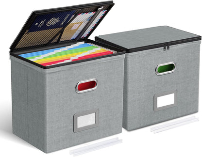 Oterri 2 Pack File Organizer Boxes with Lids, File Box with Mesh Pockets, Document Organizer Box for File Folders Letter Size, Zippers Filing Box for Home, Office, School (Grey, Without Folders)