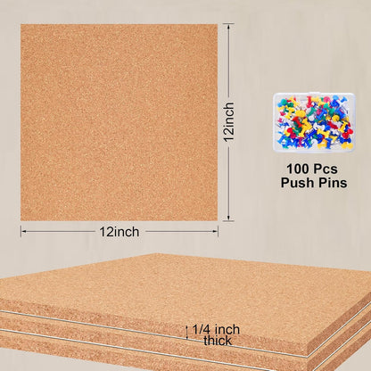 6 Pac Self-Adhesive Square Cork Boards for Wall with 100 Push Pins for Bulletin Boards Cork Wall Home School Office Decorative（12"x12"x1/4" ）