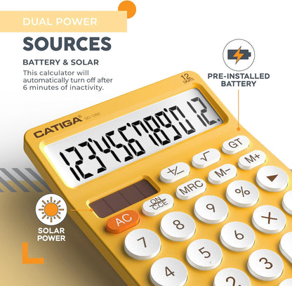 CATIGA 12 Digit Desktop Calculator Basic Desk Calculator with Large LCD Display, Big Buttons, 4 Function, Solar and Battery Dual Power, for Office, School, Home, SD-1292 Yellow
