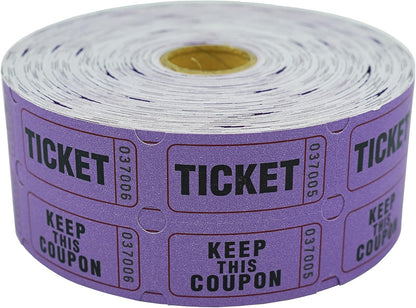 DNB 1000 Raffle Tickets - Double Roll 1000 Pairs per Roll 2 x 2 Inch 50/50 Consecutively Numbered Tickets for Entry/Events/Fundraiser/Prizes - Purple
