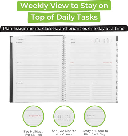 WallDeca Academic Planner 2025-2026, Daily, Weekly & Monthly Planner, July 2025 - June 2026, Student Notes Pages, Twin-Wire Binding Day and Weekly Agenda for School & Work (8.5 x 11-Inches, Black)