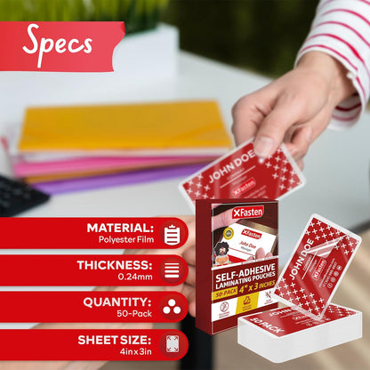 XFasten Self Sealing Laminating Pouches Business Card Size, 50-Pack, 10 Mil Non-Yellowing Business Card Laminating Pouches, Self-Adhesive Laminate Sheets, Durable, No Machine Needed, 4 in x 3 in