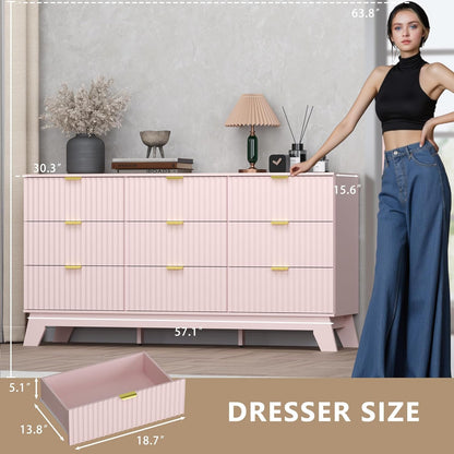 Fluted 9 Drawer Dresser, 57.1" Wide Modern Boho Chest of Drawers, Wooden Storage Dresser TV Stand for Bedroom, Living Room, Closet, Hallway, Curved Profile Design