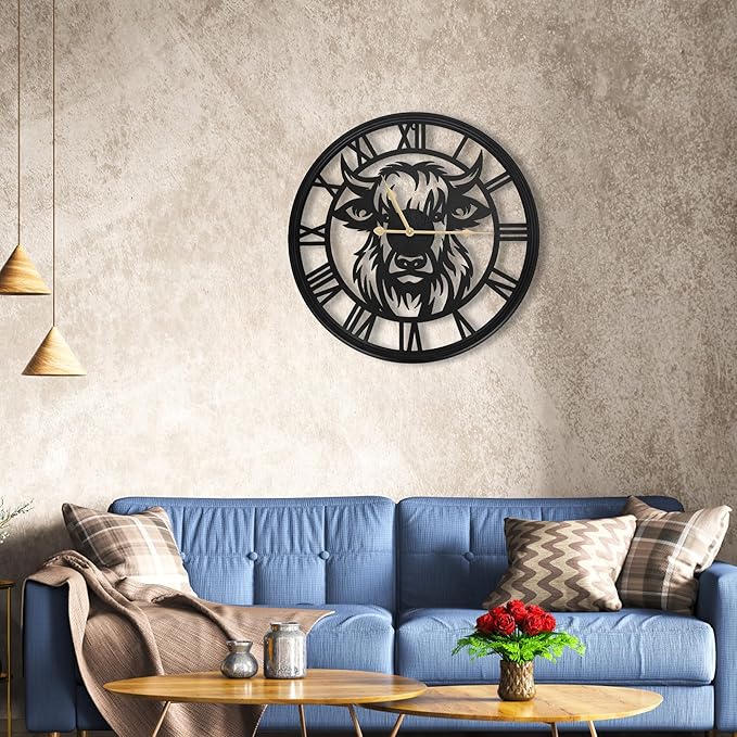 30inch Large Wall Clocks for Living Room Decor,Big Wall Clocks Battery Operated, Slient Black Metal Decorative Oversized Wall Clock for Bedroom, Kitchen (Highland Bull Wall Clock, 30 Inch)