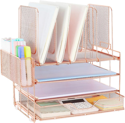 Desk Organizer with 5 Vertical File Holders, 3-Tier Paper Organizer and Drawer, Desk Accessories in Rose Gold