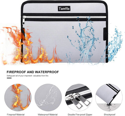 Fireproof Safe Waterproof Accordion File Bag Folder Expanding Filing Folder with 14 Multicolored Pockets, A4 Letter Size, Document Organizer Holder and Color Labels /2 Zipper (Silver 14.3" x 9.8")