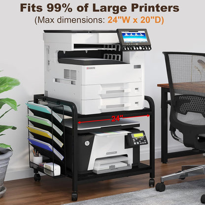 EasyCom 24"x20" Large Printer Stand with Hanging File Holder Organizer, Adjustable Height Shelf with Wheels, Under Desk Table with Storage for Printer Scanner Fax Home Office Use Black