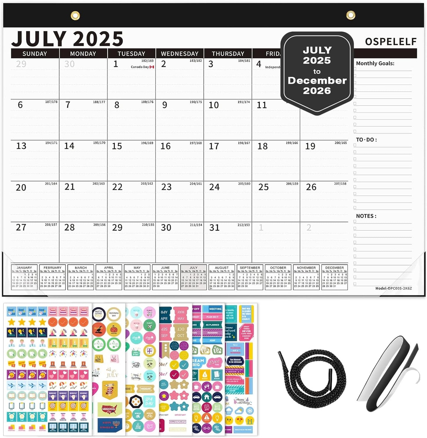 Ospelelf Magnetic Calendar 2025-2026 for Refrigerator, Desk Wall Calendar, July 2025 to December 2026, Monthly Large Planner Pad with Plastic Cover 17" X 12" Black