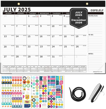 Ospelelf Magnetic Calendar 2025-2026 for Refrigerator, Desk Wall Calendar, July 2025 to December 2026, Monthly Large Planner Pad with Plastic Cover 17" X 12" Black