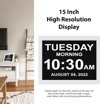 American Lifetime 【New 2024 Dementia Clock Large Digital Clock for Seniors, Digital Clock Large Display, Custom Alarms, Clock with Day & Date for Elderly, Large Number Digital Clock White, 15 Inch