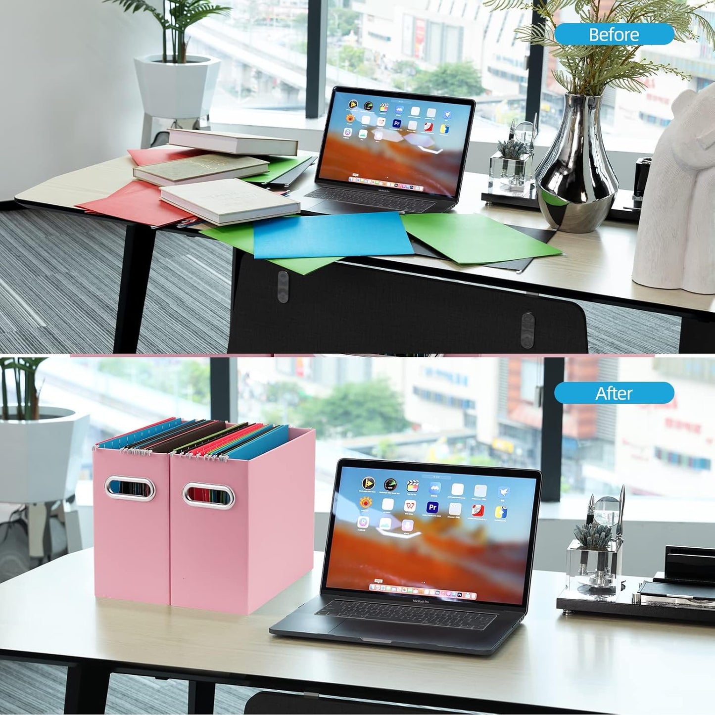 Oterri File Organizer, 6 Packs Small Storage Box, Cardboard File Folder Organizer, Collapsible File Box for Hanging File Folders Letter Size, Portable Filing Organizer with Handle（Pink）