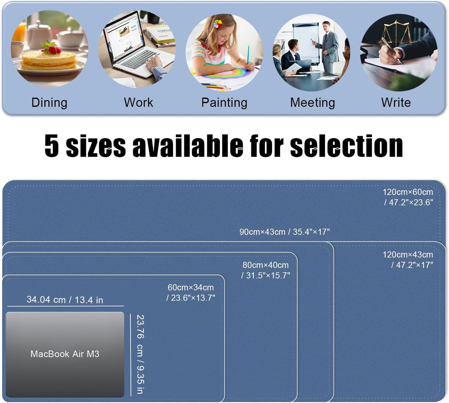 BLESWIN Large Desk Pad Mat 47.2"" x 17"", Office Desk Mat, Non-Slip PU Leather & Cork Desk Blotter for Keyboard and Mouse, Large Desk Mat, Large Mouse Pad for Office & Home(Lake Blue)