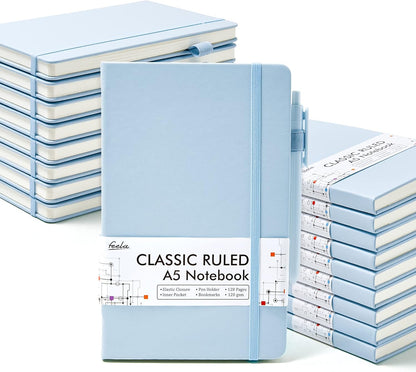 feela 18 Pack Journal Notebook for Work, Business Notebook Bulk Hardcover Lined Writing Journal with Pen Holder for Men Women Note Taking, with 18 Black Pens, 120 GSM, 5.1”x8.3”, A5, Light Blue