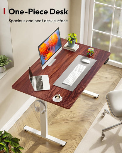 SANODESK Electric Standing Desk 48 x 30 Inches Whole-Piece Desktop Height Adjustable Stand Up Desk w/6-Button Controller Ergonomic Computer Desk for Home Office, White Frame + Mahogany Tabletop