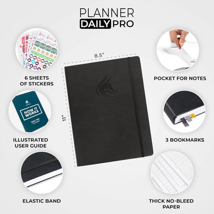 Clever Fox Planner Daily PRO - 8.5 x 11" A4 Size Daily Life Planner and Gratitude Journal to Increase Productivity, Time Management and Hit Your Goals - Undated - Lasts 3 Months (Black)