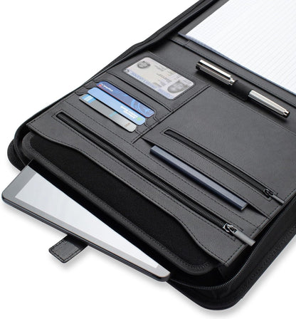 Padfolio Binder - Professional Faux Leather Travel Organizer Pouch for Tablet, Documents, Presentation Folders, Zipper Closure, Notepad - Black