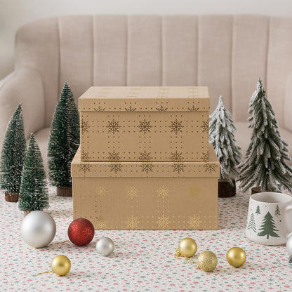Soul & Lane Christmas Gift Boxes with Lids, Vintage Kraft Reusable Christmas Nesting Boxes for Presents, Decorative Cardboard Large Holiday Storage For Keepsakes and Snowflakes Decor, Set of 2