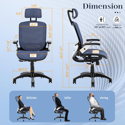 GABRYLLY Ergonomic Office Chair, High Back Mesh Desk Chair with Adjustable Headrest, Flip-Up Arms, 90-120° Tilt Lock, Lumbar Support and Comfy Seat, Swivel Computer Task Chair, Blue