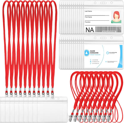 Marspark 50 Sets Clear Name Tags with Lanyard, Lanyards for ID Badges Reusable Strap with ID Holder Plastic Name Badges for Adults Business School Church Conference (Red)