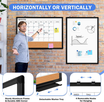 Monthly Calendar Whiteboard Dry Erase Cork Board Combo for Wall, 36" x 24" Magnetic Double-Sided Calendar White Board and Bulletin Board, Portable Board for Office, Kitchen, School, Home