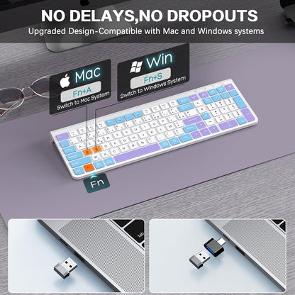 Colorful Wireless Keyboard with Low-Profile Keys-Soft Touch,Cute,Quiet Design,Windows & Mac OS，Office Cordless Slient Computer Keyboard for Desktop,Laptop, PC, Mac, Windows-Purple Blue White