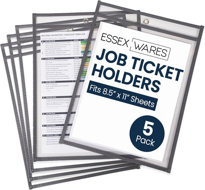 Essex Wares - 5 Pack, Gray, Job Ticket Holders, 10" Wide x 13.5" Tall - Clear Plastic Shop Ticket Holders - Easy to Use, Reusable & Easy Erase Plastic Invoice Holders, Water-Resistant & Durable