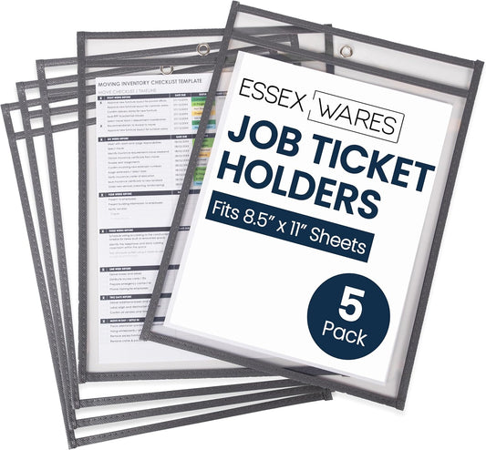 Essex Wares - 5 Pack, Gray, Job Ticket Holders, 10" Wide x 13.5" Tall - Clear Plastic Shop Ticket Holders - Easy to Use, Reusable & Easy Erase Plastic Invoice Holders, Water-Resistant & Durable