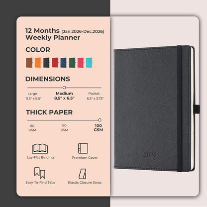 Weekly Monthly 2026 Planner (Jan.26-Dec.26),8.5"x6.5",12 Months Agenda Plan with Month Tabs & Pocket,Expenses/Note Pages, Appointment Book Calendar with Hardcover Vegan Leather Cover,Black
