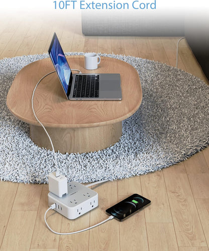 Power Strip Surge Protector 10 Ft Cord, 8 AC Outlets, 3 USB Charger(1 USB C Port), TESSAN Ultra Thin Extension Cord, Flat Plug, 900 Joules Protection, Desk Charging Station for Home, Office