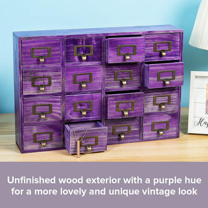 Purple 16-Slot Wooden Drawer Unit - Country Style Desk Organizer Box - 20"x3.6”x14” Wooden Storage Box w/ 16 Drawers - Countertop Drawers w/Label Holder & Handle - Slim 4-Level Organizer