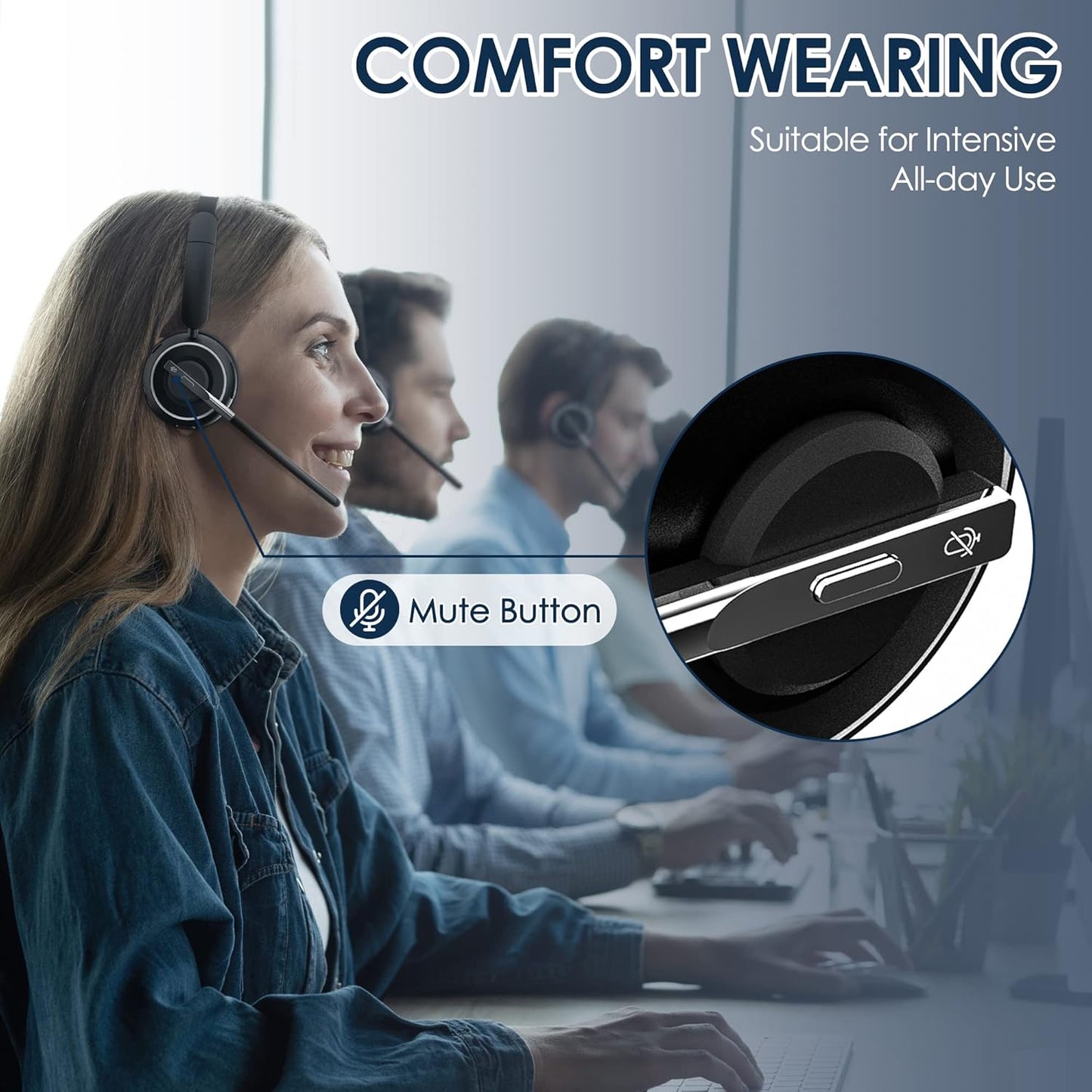 Wireless Headset, Bluetooth Headset with AI Noise Cancelling Mic, Bluetooth V5.2 Headphones with USB Dongle, Charging Base & Mic Mute for PC/Cell Phones/Call Center (Black)