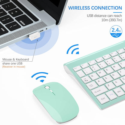 Wireless Keyboard and Mouse Ultra Slim Combo, TopMate 2.4G Silent Compact USB 2400DPI Mouse and Scissor Switch Keyboard Set with Cover, 2 AA and 2 AAA Batteries, for PC/Laptop/Windows/Mac - Mint Green