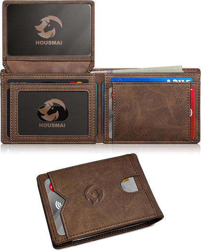 Wallet for Men Wallet with Cash Pocket 2 ID Window 13 Cards,Slim Leather Wallet Front Pocket Card Holder RFID Blocking with Gift Box