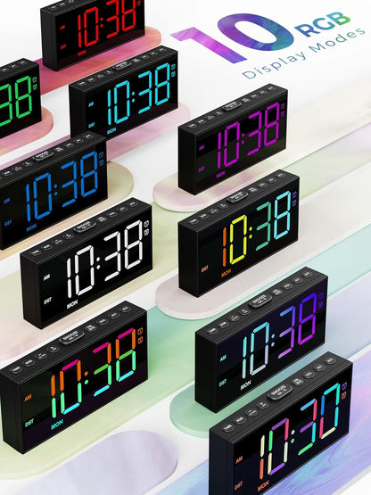 PPLEE RGB Digital Alarm Clock for Bedrooms with Day Display, Loud Dual Alarms for Heavy Sleepers, Plug-in Bedside Clock with USB Charging, Dimmable Large LED Display, Snooze for Kids Teens Boys Girls