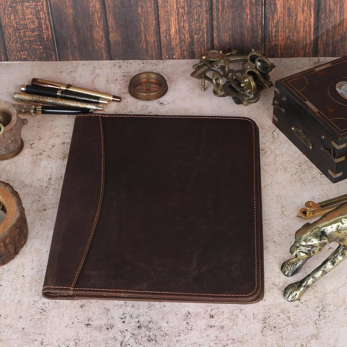 Heavy Duty Buffalo Leather Legal Pad Portfolio Handmade Executive Notebook Binder, Professional Padfolio Organizer Gift for Men and Women Genuine Leather Resume Document Holder (Dark Brown)