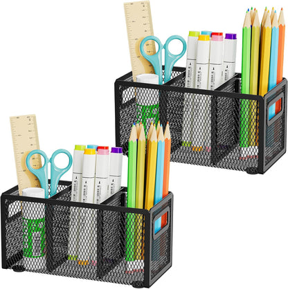 Marbrasse 2P Mesh Pen Holder for Desk,Pencil Holder Desk Organizer 3 Adjustable Compartments,Pencil Cup with Handle Perfect for Classroom, Office, Home,Makeup,Art (Black)