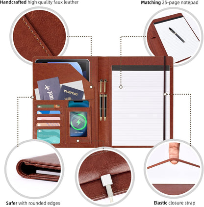 Brown Leather Portfolio Organizer Clipboard Storage Folio Padfolio for Men Notepad Notebooks for Work