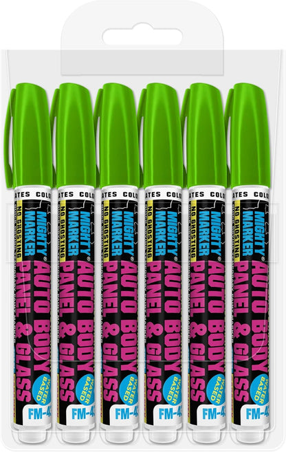 FM-43 Auto Body and Glass Paint Marker, No-Ghost, Highly Water-Resistant, 2.3mm Bullet Tip, Valve Action, 6 Bonus Reversible Tips, Made in USA - Fl. Green 6 Pack