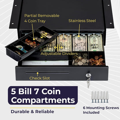 Volcora Cash Register Drawer with Under Counter Mounting Metal Bracket - 16" Black Cash Drawer for POS, 5 Bill 6 Coin Cash Tray, Removable Coin Compartment, 24V RJ11/RJ12 Key-Lock, Media Slot
