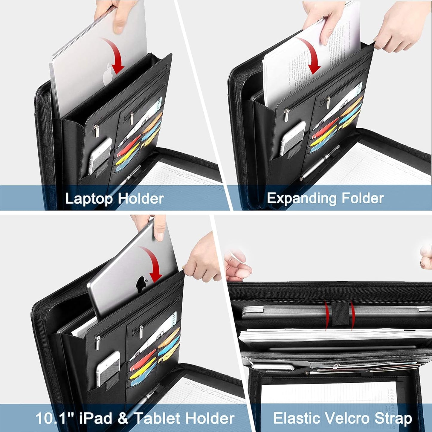 Zippered Leather Padfolio Organizer, Multifunctional Business Portfolio Folder with Zipper, Card Holders Pockets, Notepad Executive File Document Binder for Women Men (Black)