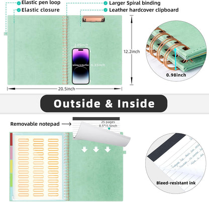 Ospelelf Leather Clipboard Folders with with Storage Zipper Pouch, Spiral Clipboard Folio with Notepad for Letter Size, 5 Folders with 10 Pockets, 39 Divider Label Stickers (Light Green)