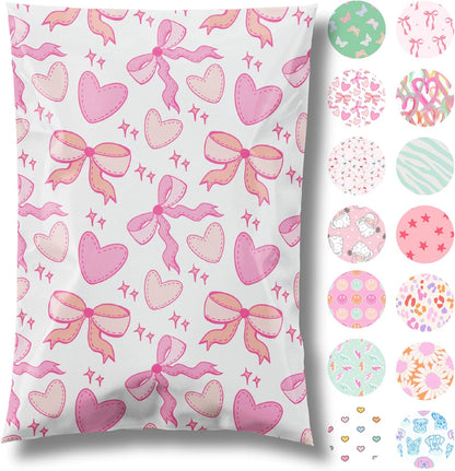 10x13 Designer Poly Mailer 100 Pack Heavy Duty Waterproof Self Seal Shipping Bags for Small Business Large Mailing Envelopes Bulk Tear Resistant Packaging Coquette Bows Hearts