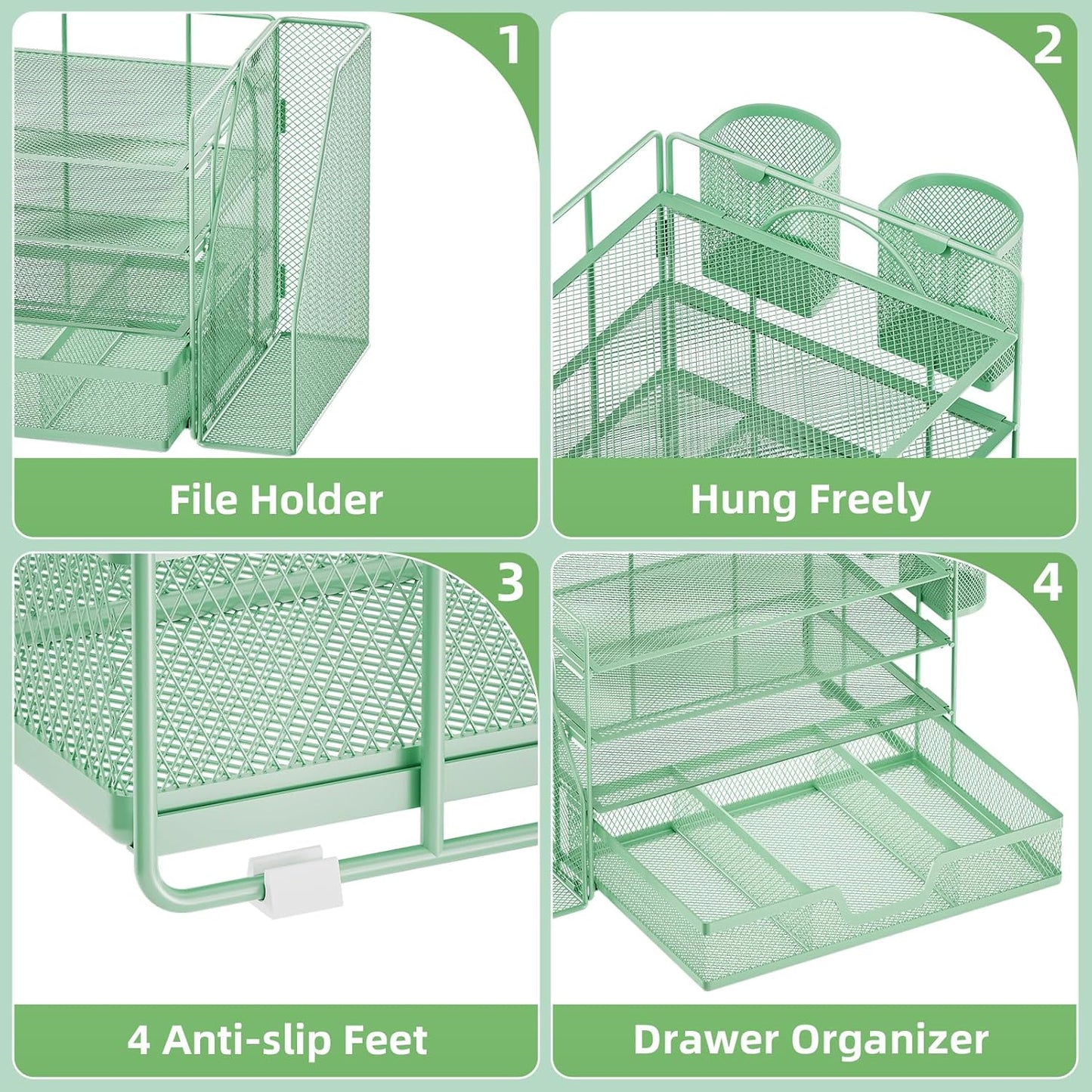 Marbrasse Desk Organizer and Accessories，4-Tier Paper Letter Tray Organizer with File Holder, Desk Accessories & Workspace Organizers with Drawer and 2 Pen Holder (Green, 15.4" x 9.1" x 8.3")