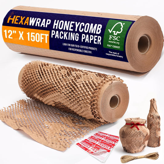 Honeycomb Packing Paper 12" x 150ft with Rope & 20 Fragile Stickers|Shipping & Moving Supplies|Small Business Packaging Supplies|Eco Friendly Bubble Wrap Packing Boxes for Moving Certified FSC C204227