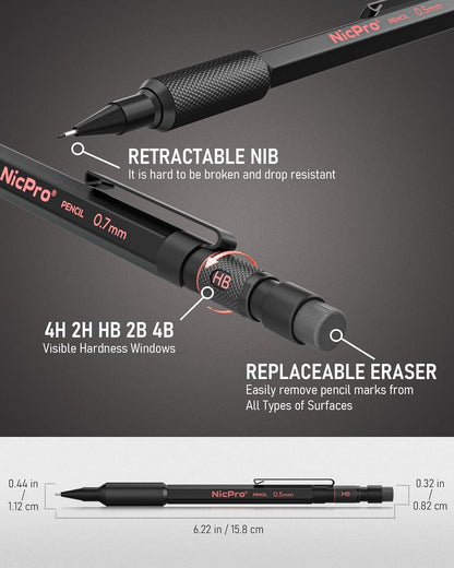 Nicpro 0.5 mm & 0.7 mm Mechanical Pencil Set with Case, MP2000 Metal Artist Mechanical Pencil With 6 Tube HB 2B Lead Refills, Eraser, Weatherproof Barrel for Outdoor Writing Drafting Sketching