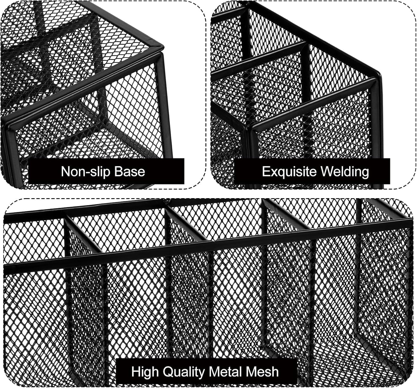 2 Pcs Black Metal Mesh Desk Organizer Pen Holder 6 Compartments Pencil Holder for Desk, pen organizer for Office Supplies, Pencil Caddy, Makeup Brush Storage, Home and Classroom Accessories