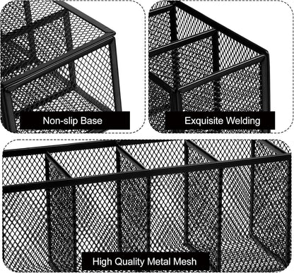 2 Pcs Black Metal Mesh Desk Organizer Pen Holder 6 Compartments Pencil Holder for Desk, pen organizer for Office Supplies, Pencil Caddy, Makeup Brush Storage, Home and Classroom Accessories