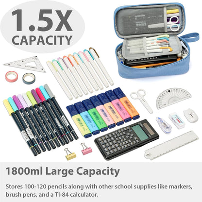 Pencil Case Pouch Box Bag School Supplies Girls Boys Kids, Cute Preppy Stuff Large Big Capacity Aesthetic Pen Organizer, Back to College Stationary, Cornflower Blue, Classic Stlye, 1800ml